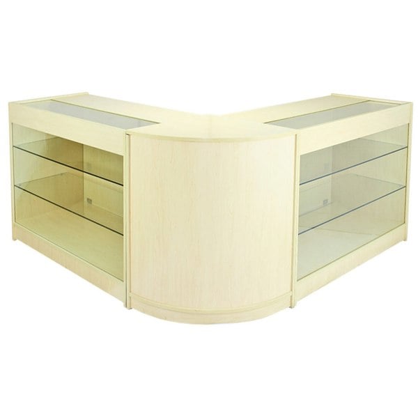 Horizon Maple Shop Counter & Retail Display Set in light maple finish with glass shelves, featuring a sleek, modern design and curved edges