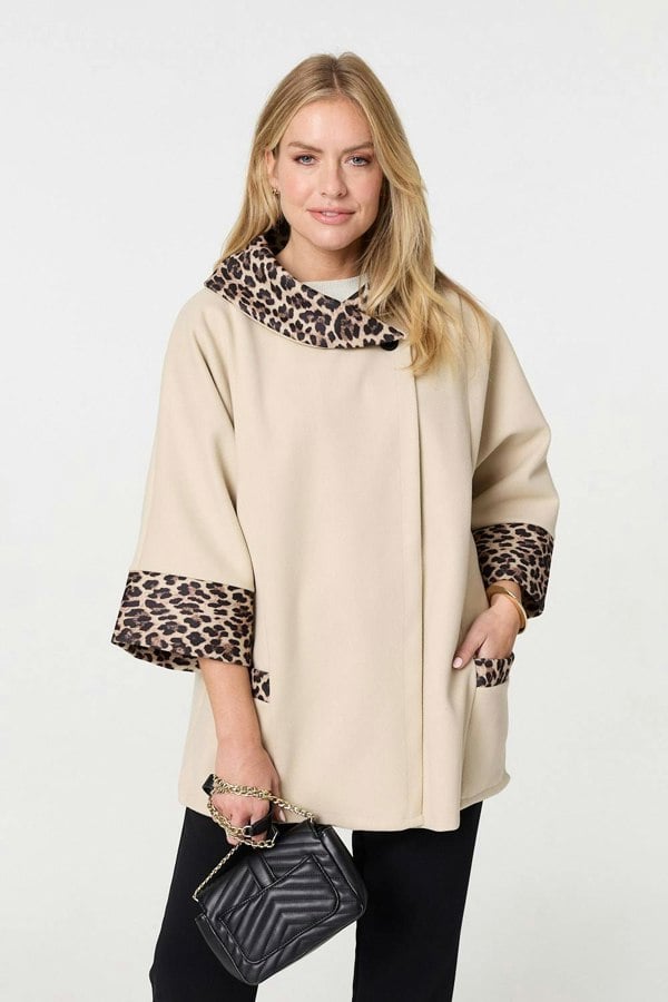 Cream | Animal Print Trim 3/4 Sleeve Cape Coat