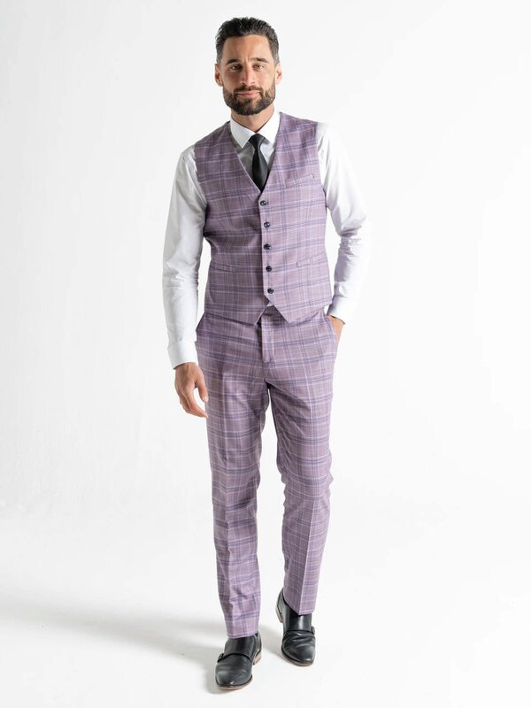 V2 Classic Kensignton Three Piece Suit - Lilac with White and Navy Blue Checks