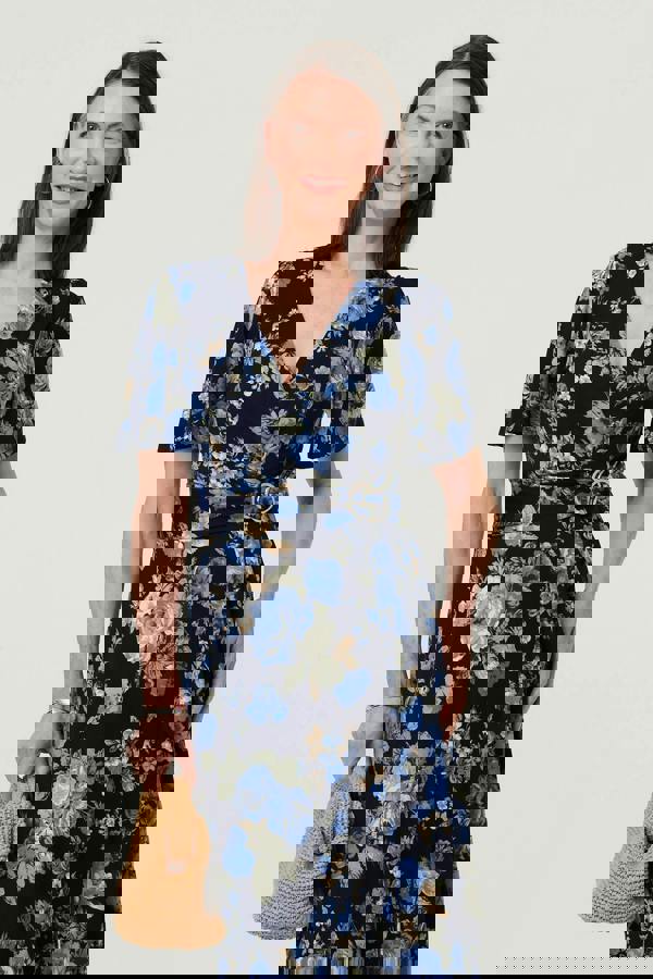 Navy | Floral Angel Sleeve Wrap Midi Dress