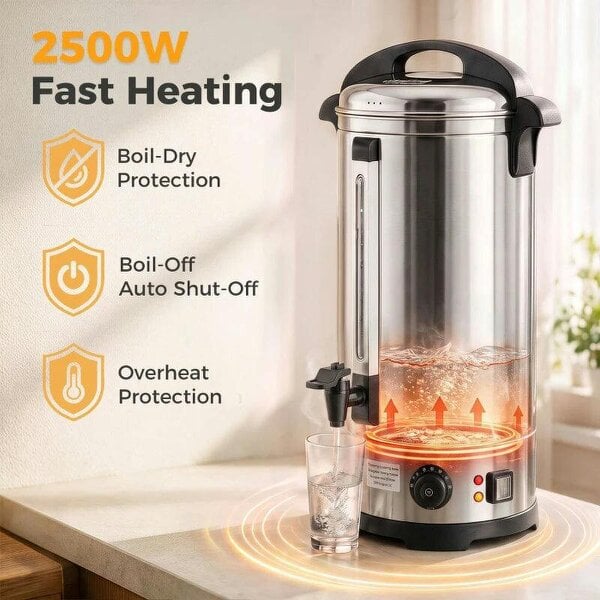26L Catering Urn, 2500W Stainless Steel Hot Water Boiler Dispenser with Thermostat, Keep Warm Function and Easy Pour Tap