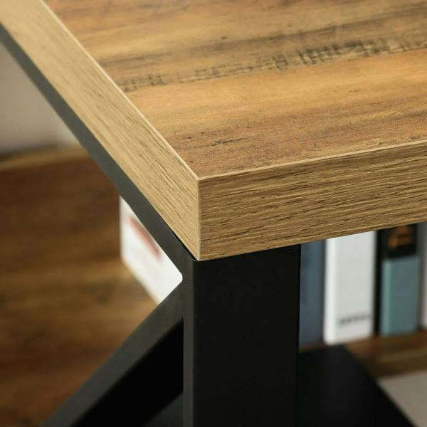 Corner detail of brown wood-effect tabletop with black metal leg support
