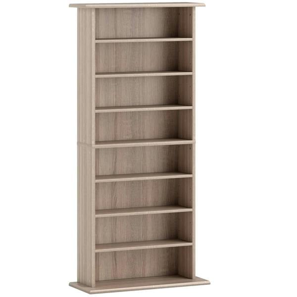 Natural wood CD storage unit with open front shelves and flat top
