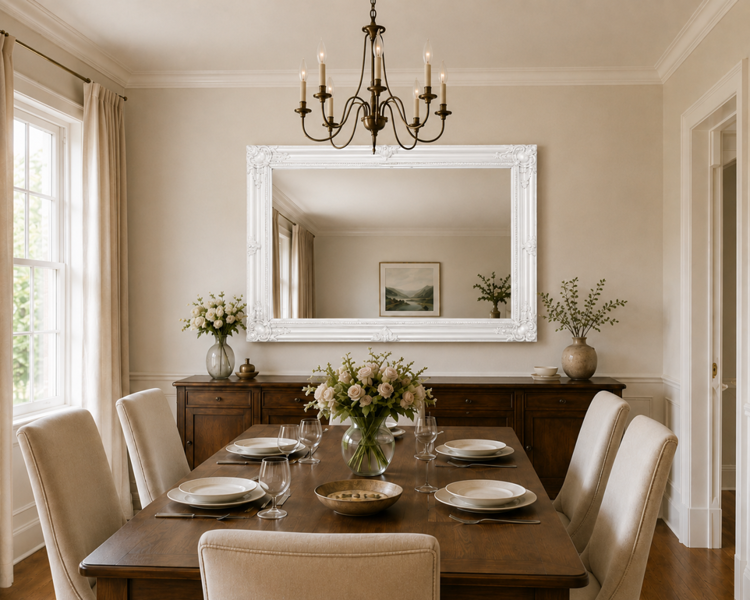 Downton Interiors Antique Style Extra Large White Wood Frame Wall Mirror 106cm x 75cm