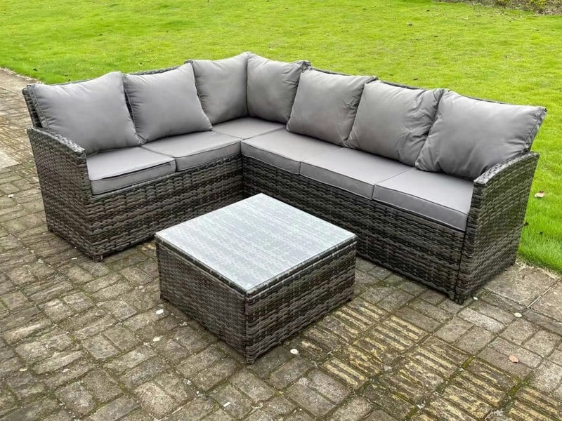 Fimous High Back Dark Mixed Grey Rattan Corner Sofa Set Outdoor Furniture Square Coffee Table 6 Seater