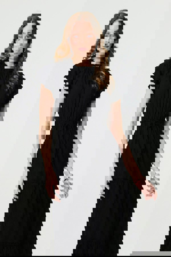 Black | Ruched Tiered Cap Sleeve Midi Dress
