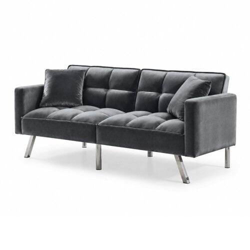 Kosy Koala Sofa Bed 2 Seater Grey Velvet Click Clack Sofa Settee Recliner Couch with Metal Legs Living Room Furniture