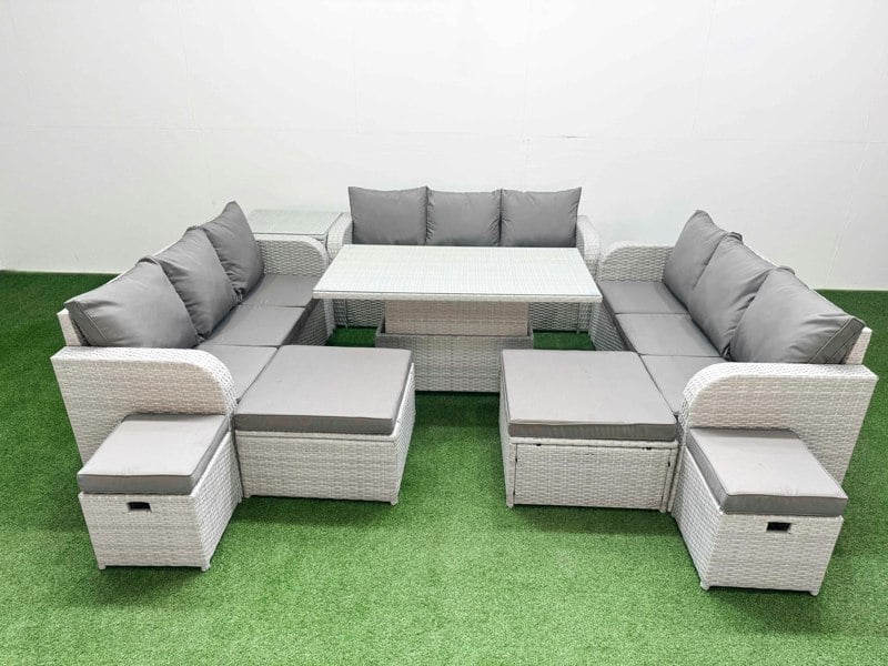 Fimous 8 Pieces Garden Rising Dining Table High Back Inclining Sofa Set 2 Big Footstool 2 Small Stool 1 Side Table Light Grey