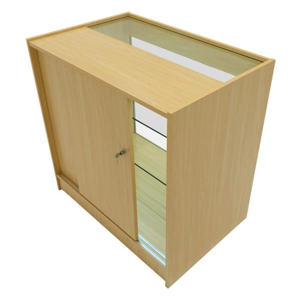 Maple Aries LED Shop Counter Set featuring a sleek design, glass display top, and a secure sliding door for storage
