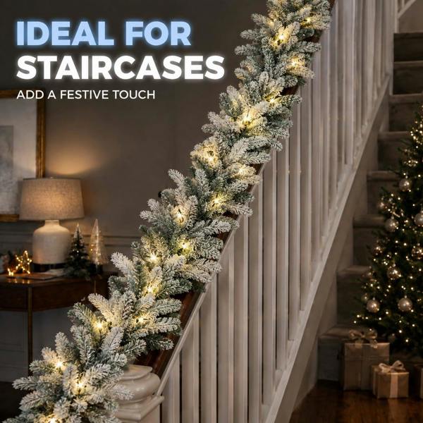 2m Pre-Lit Lapland Fir Christmas Wreath with 30 Warm White LEDs, Snow Flock Finish image 8