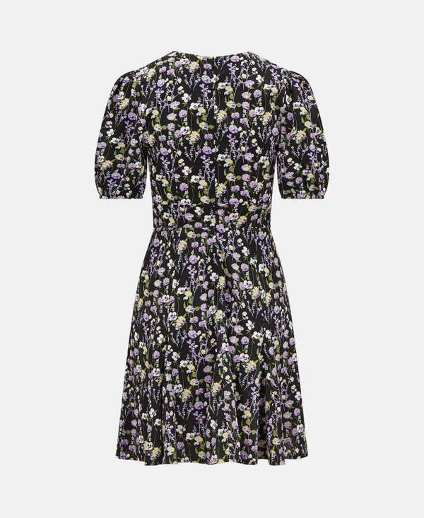 GODET PUFF SLEEVE MINI DRESS BLACK PURPLE FLORAL Back