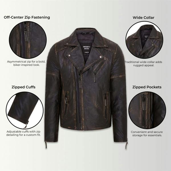 Infinity Leather Mens Brando Double Cross Zip Leather Biker Jacket- Fagernes