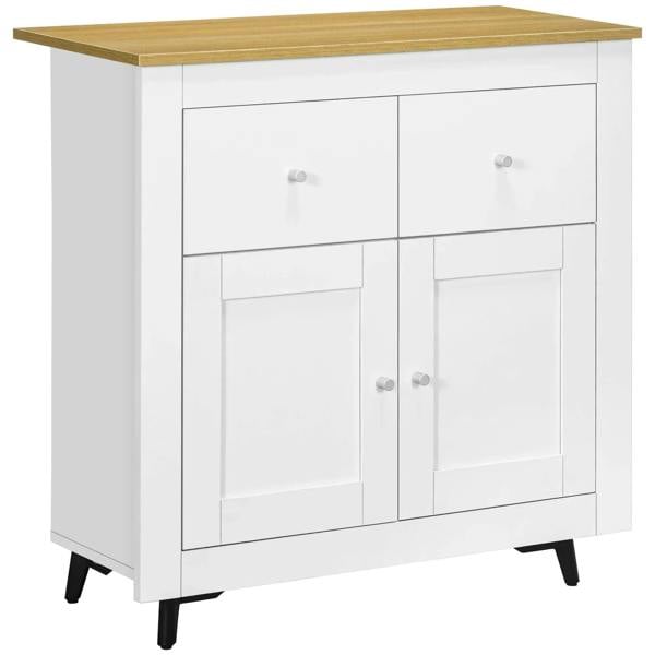 White sideboard cabinet with wood-grain top, two drawers and two doors