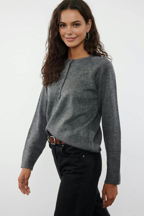WOVCOR Soft-Textured Knit Sweater with Button Detail