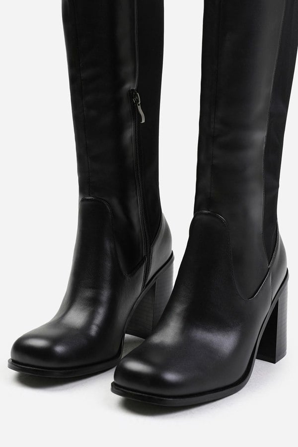 Where's That From Zhuri Stretch Wide Calf Block Heel Knee High Boots In Wide E Fit In Black Faux Leather