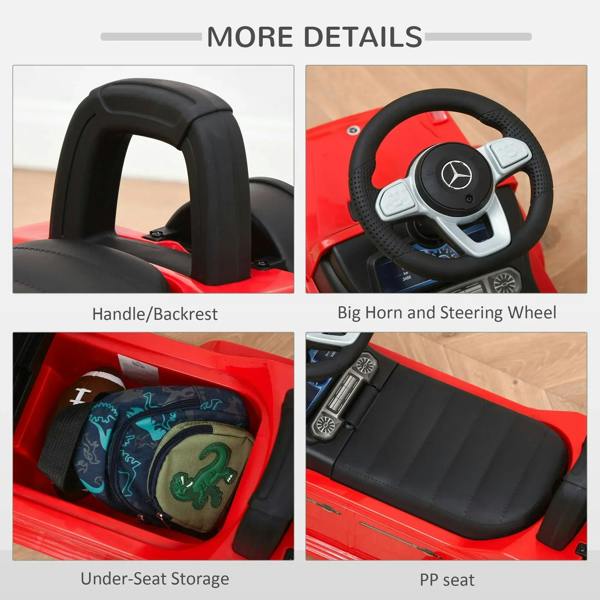 Red kids ride-on car features: handle backrest, horn steering wheel, under-seat storage