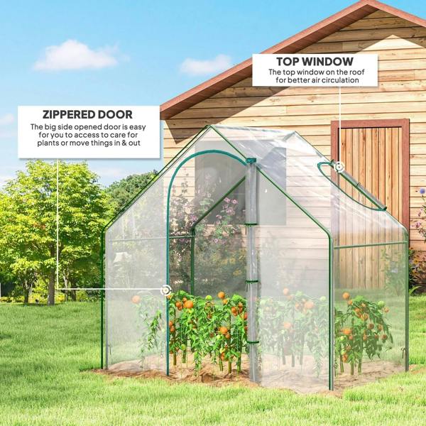 Clear PVC mini greenhouse with zippered door and top roof window for ventilation