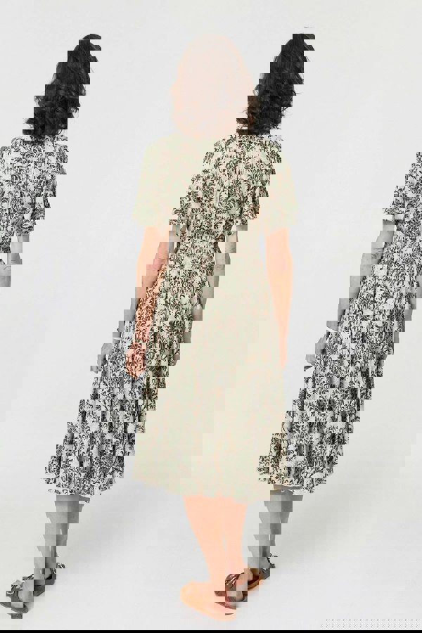 Green | Printed Smocked Short Sleeve Midi Dress
