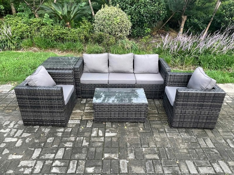 Fimous Rattan Garden Furniture Set with 3 Seater Sofa Coffee Table Side Table 2 Armchairs Indoor Outdoor Patio Lounge Sofa Set Dark Grey Mixed