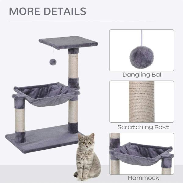 Grey cat tree detail with dangling ball and hammock bed on sisal posts