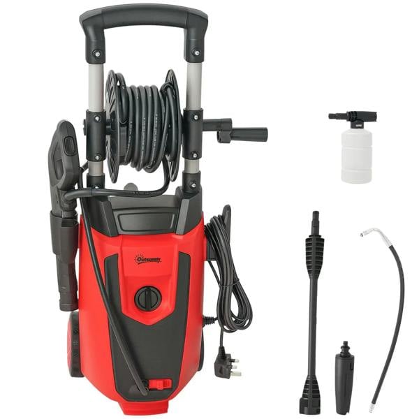 Red and black 150-bar pressure washer with hose reel and spray accessories