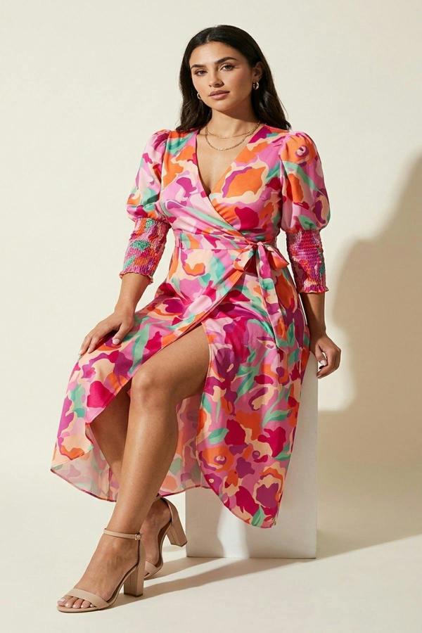 Haniya Wrap Front Printed Midi Dress - Pink