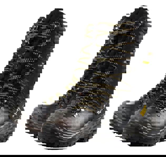 Grisport GriSport Dynamite Mens Tall Hi-Leg S3 Safety Steel Toe/Midsole Work Boots, black safety work boots with yellow accents and durable laces.