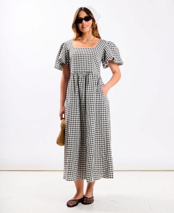 Black Gingham Midi Dress