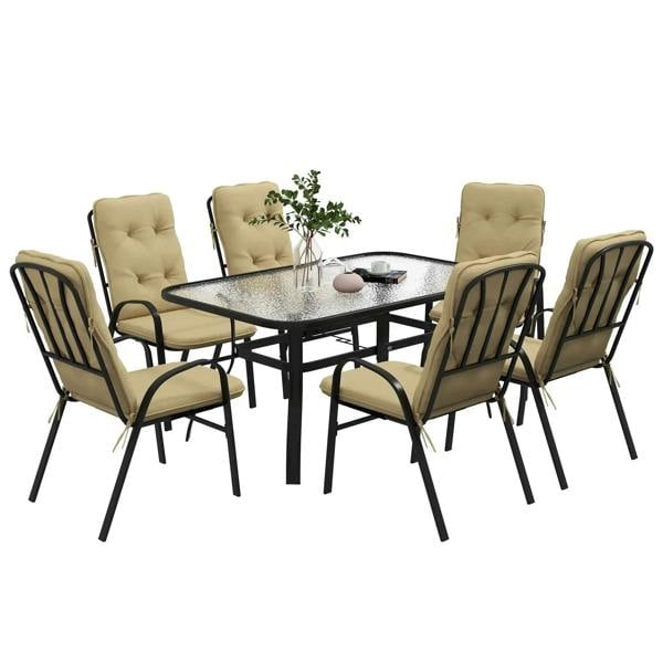 Beige garden dining set with 6 armchairs and square glass-look tabletop, cushioned seats