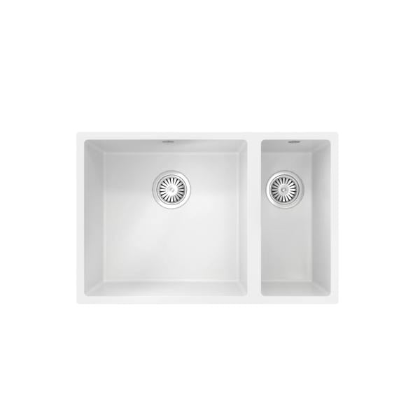 Flode Vänern | 1.5 Bowl Comite Kitchen Sink | Inset or Undermounted | 670mm x 440mm x 200mm | Strainer Wastes Supplied | Matt White Finish