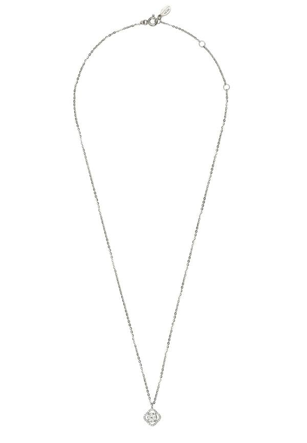 Silver necklace with a small pendant on a white background