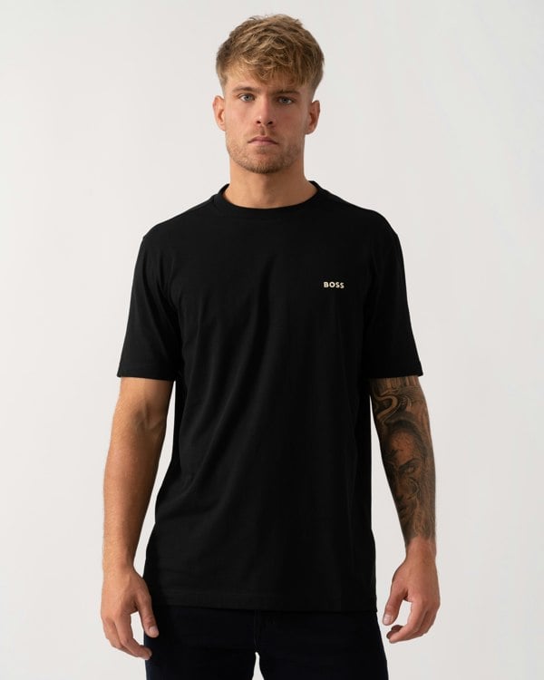 BOSS Green Tee Mens Stretch Cotton T-Shirt with Contrast Logo - Black 009 - CHO - Designer Mens Logo T-Shirts
