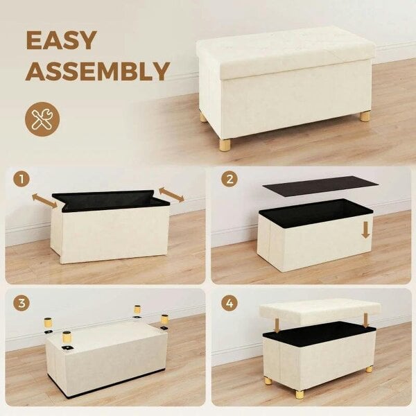 Velvet Upholstered Foldable Ottoman Footrest, Storage Ottoman Bench with Wood Legs for Living Room, Cream White