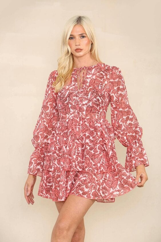 Elaina Fashion Women's Coral Red Floral Print Layered Ruffle Hem Flowy Mini Dress 