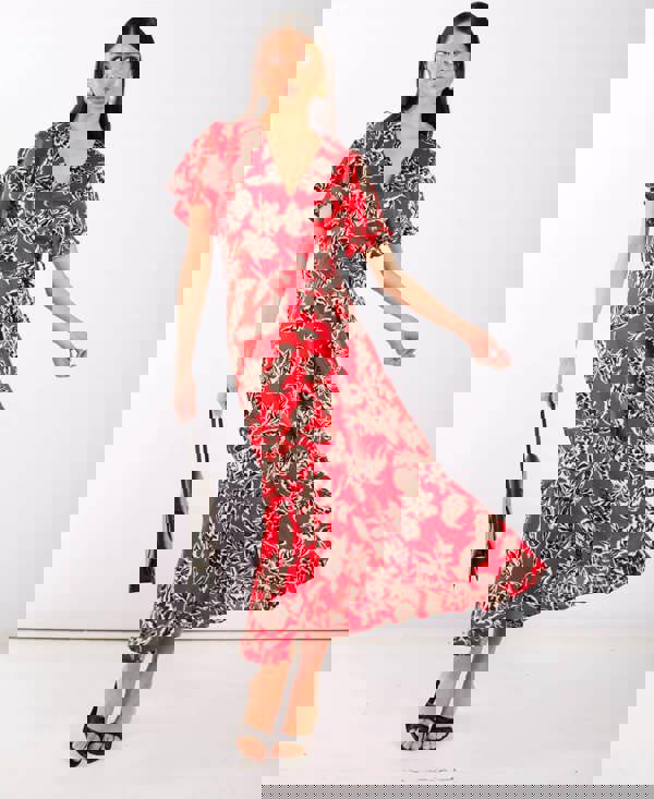 Red Floral Wrap Midi Dress