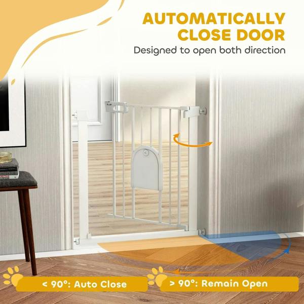 White pet safety gate with arched cat door, auto-close and remain-open shown