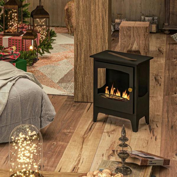 Black freestanding ethanol fireplace with open flame window and top cover