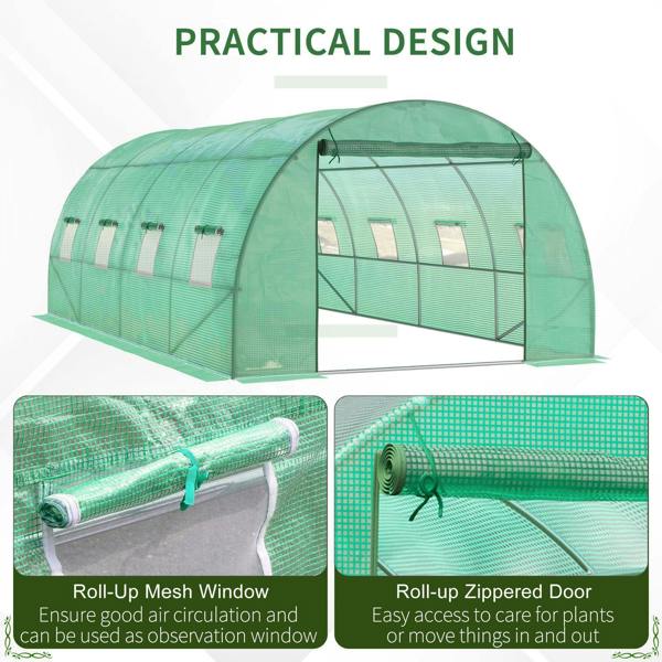 Green walk-in greenhouse with roll-up mesh window and zippered roll-up door detail