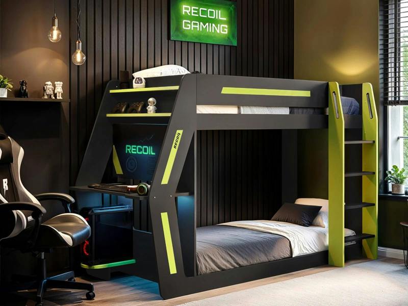 Alister Gaming Bunk Bed with Desk Charcoal & Green