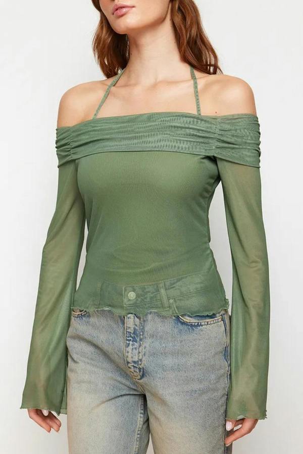 Hoxton Gal Off-Shoulder Knit Blouse with Tie Detail and Flared Sleeves