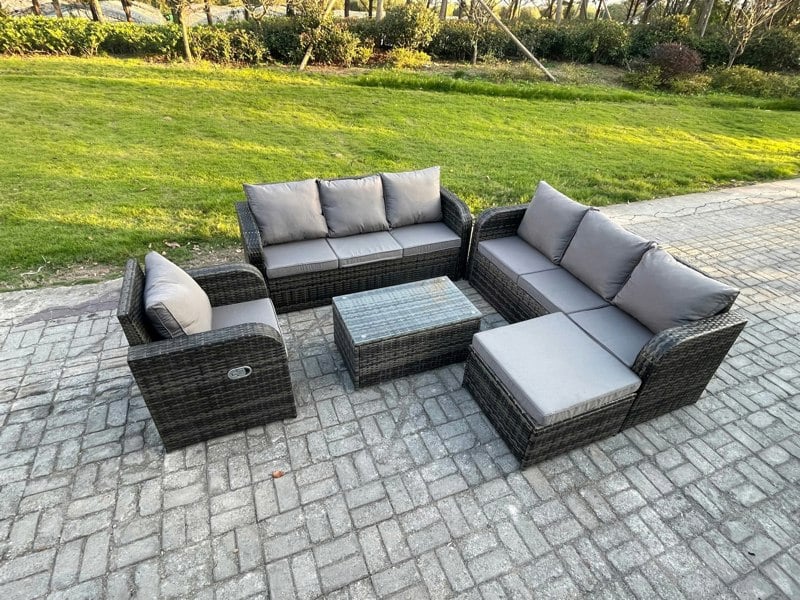 Fimous 8 Seater Dark Grey Mixed Rattan Outdoor Sofa Dining Set - 3-Seater Sofa, Reclining Chair & Footstool