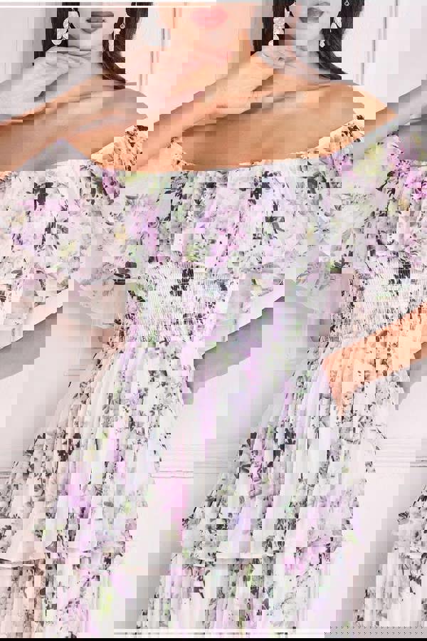 Shirred Chiffon Floral Bardot Midi Dress - Multi DR3810QZ