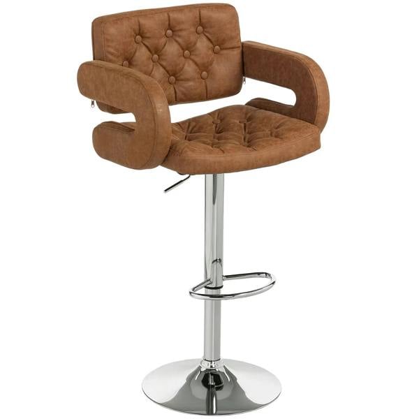 Brown PU leather swivel bar stool with back, armrests, and chrome footrest base