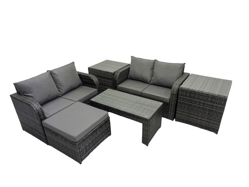 Fimous 3 Seater Sofa Reclining Chair Coffee Table Set Rattan Garden Outdoor Furniture Set with 2 Side Tables Big Stool Dark Grey Mixed