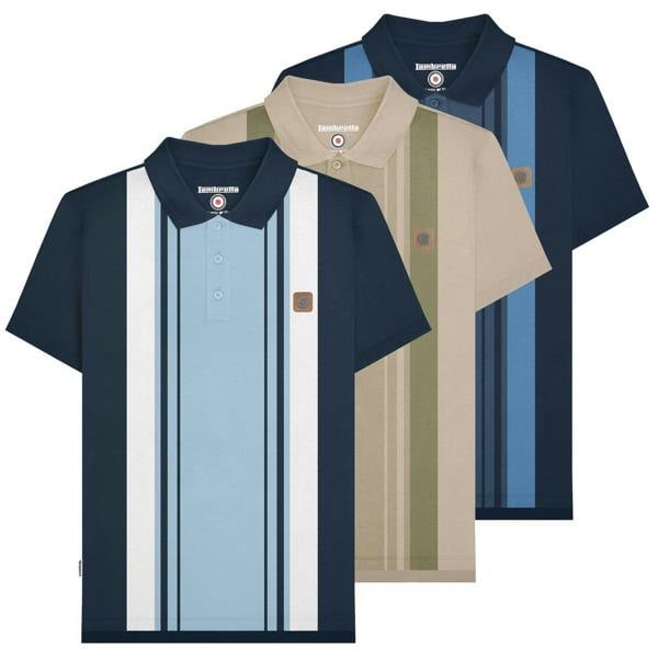 Lambretta Mens Vintage Classic Mod Ska Casual Smart Polo, set of three polo shirts featuring retro striped patterns in navy, beige, and blue colors.