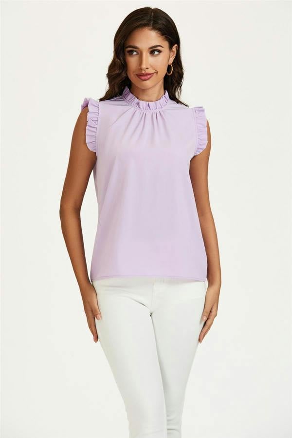 FS Collection Frill Trim Sleeve Frill Neck Blouse Top In Light Purple