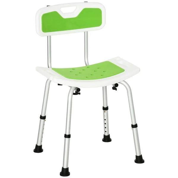 Height-adjustable shower stool with backrest, green seat with drain holes.