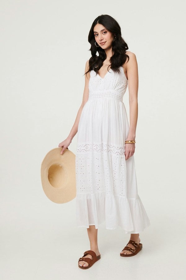 White | Broderie Anglaise Cami Strap Maxi Dress
