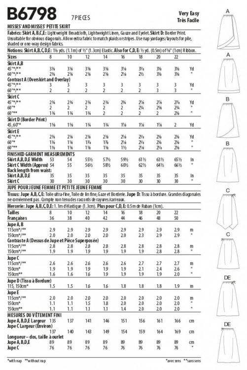 Butterick Sewing Pattern 6798, Skirts for Women, BB (8-10-12-14) - Easy