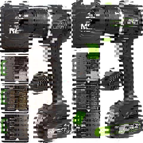 Mylek Cordless Drill 20V Brushless Driver Impact Hammer Action Combi Set with 204 Piece Accessory Set